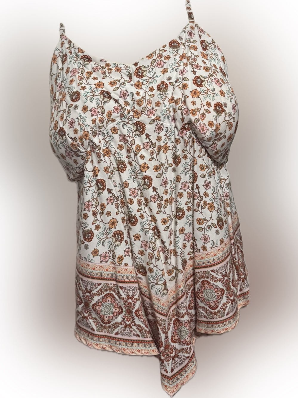 No Boundaries Cream Floral Peasant Tunic with Brown and Pink Accents